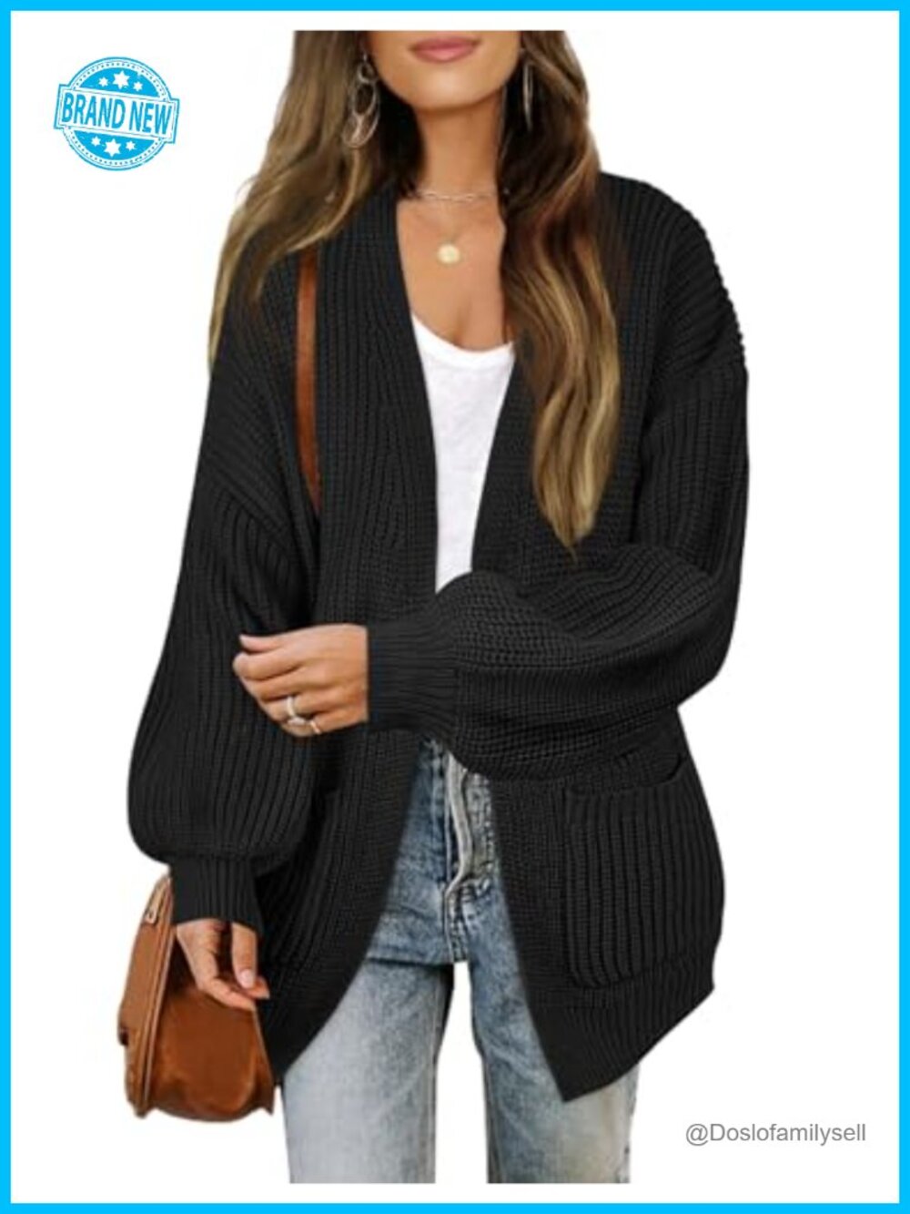 Oversized Chunky Knit Cardigan Lantern Sleeve Open Front Sweater